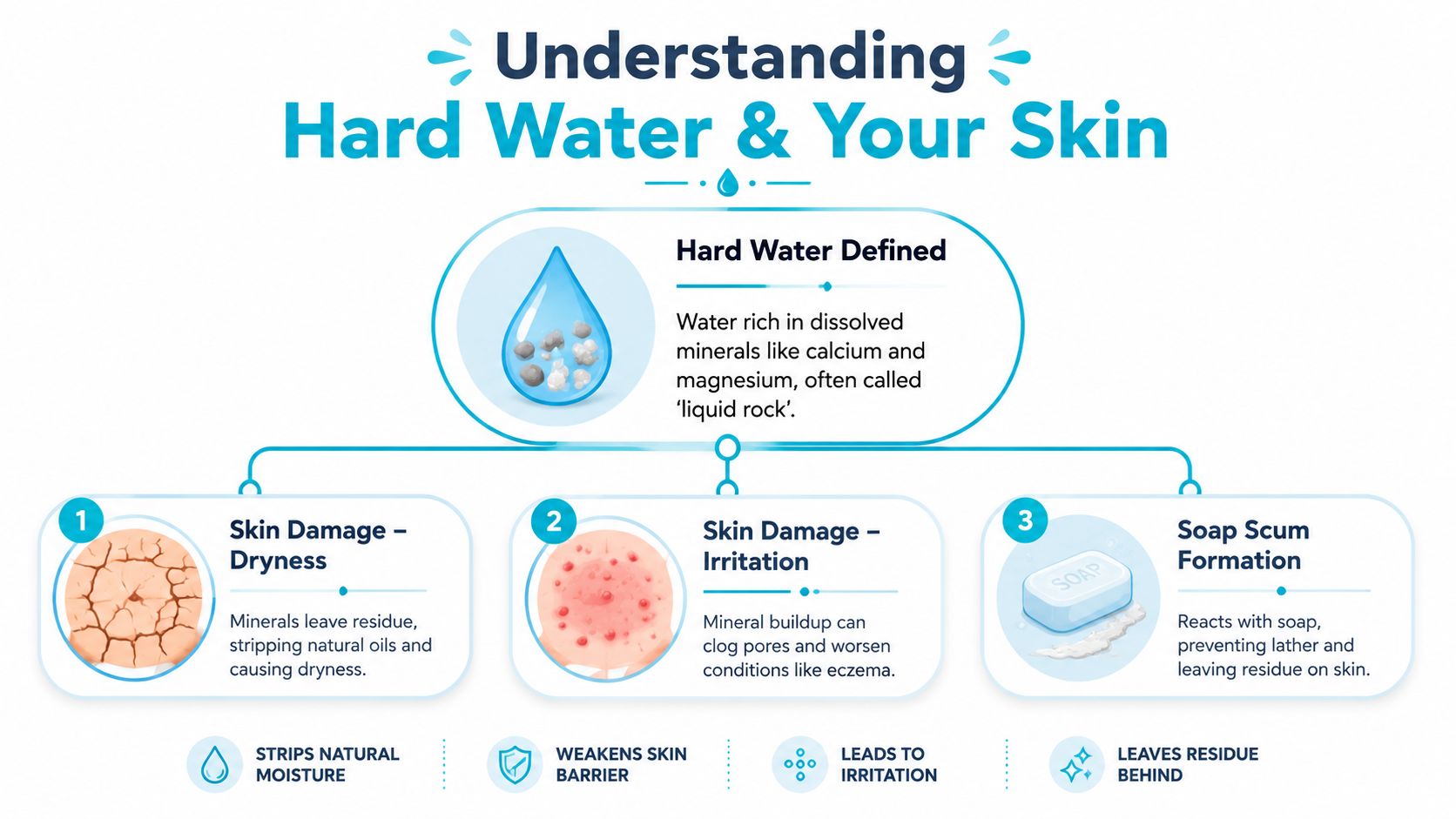 An infographic titled Understanding Hard Water and Your Skin showing how hard water causes dryness and irritation.