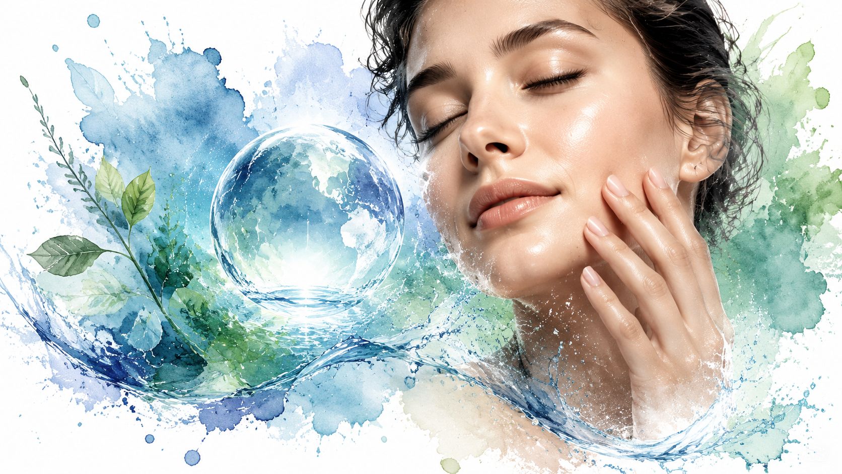 A woman with glowing, hydrated skin next to a globe made of water and watercolor leaves.
