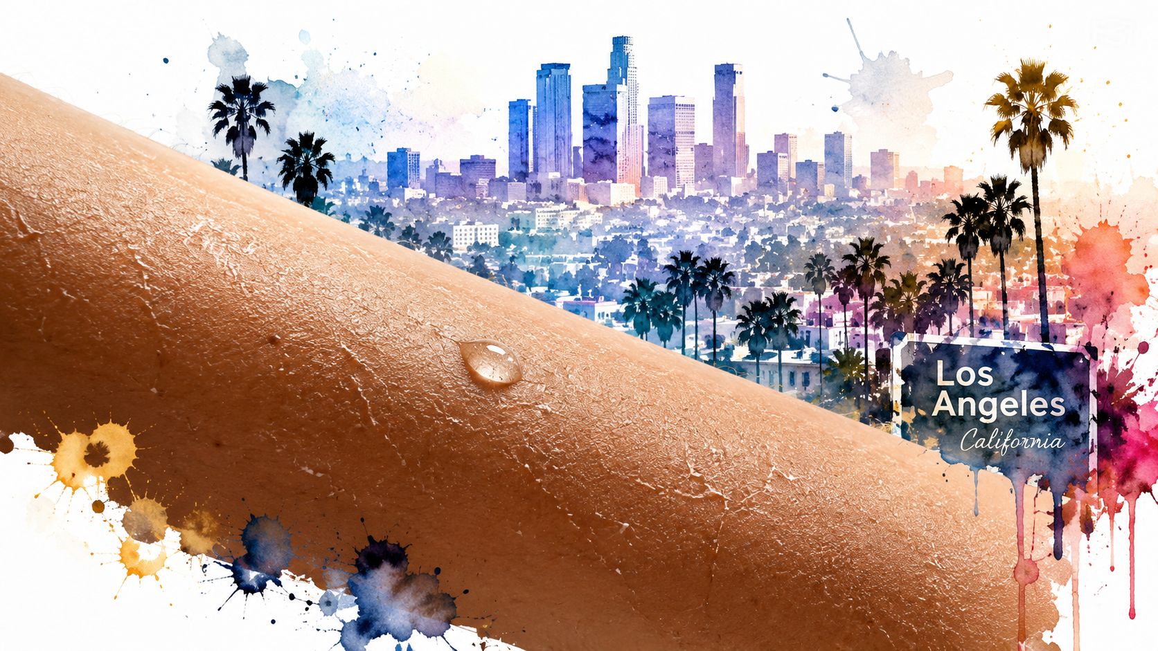 A close-up of skin with a water drop overlaid on a watercolor skyline of Los Angeles California.