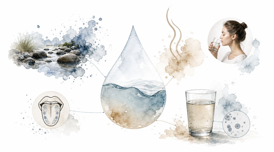 An illustration showing water sources, a drinking glass, human taste, and microscopic water testing elements.