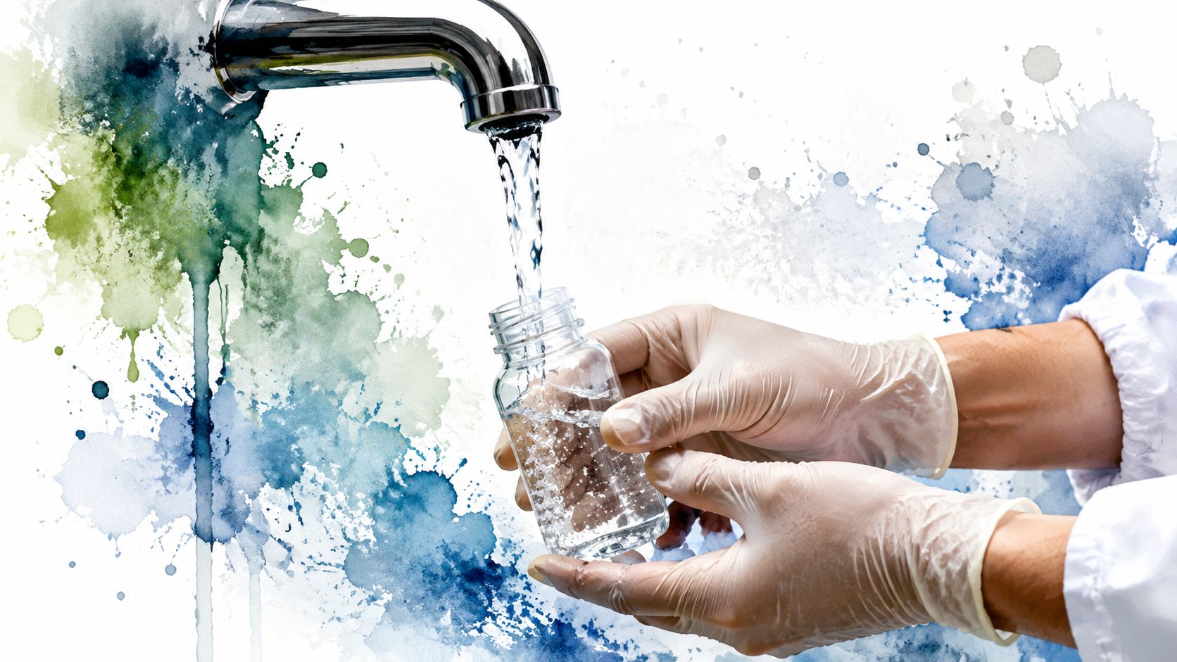 A scientist in gloves collects a water sample from a chrome faucet into a glass vial.