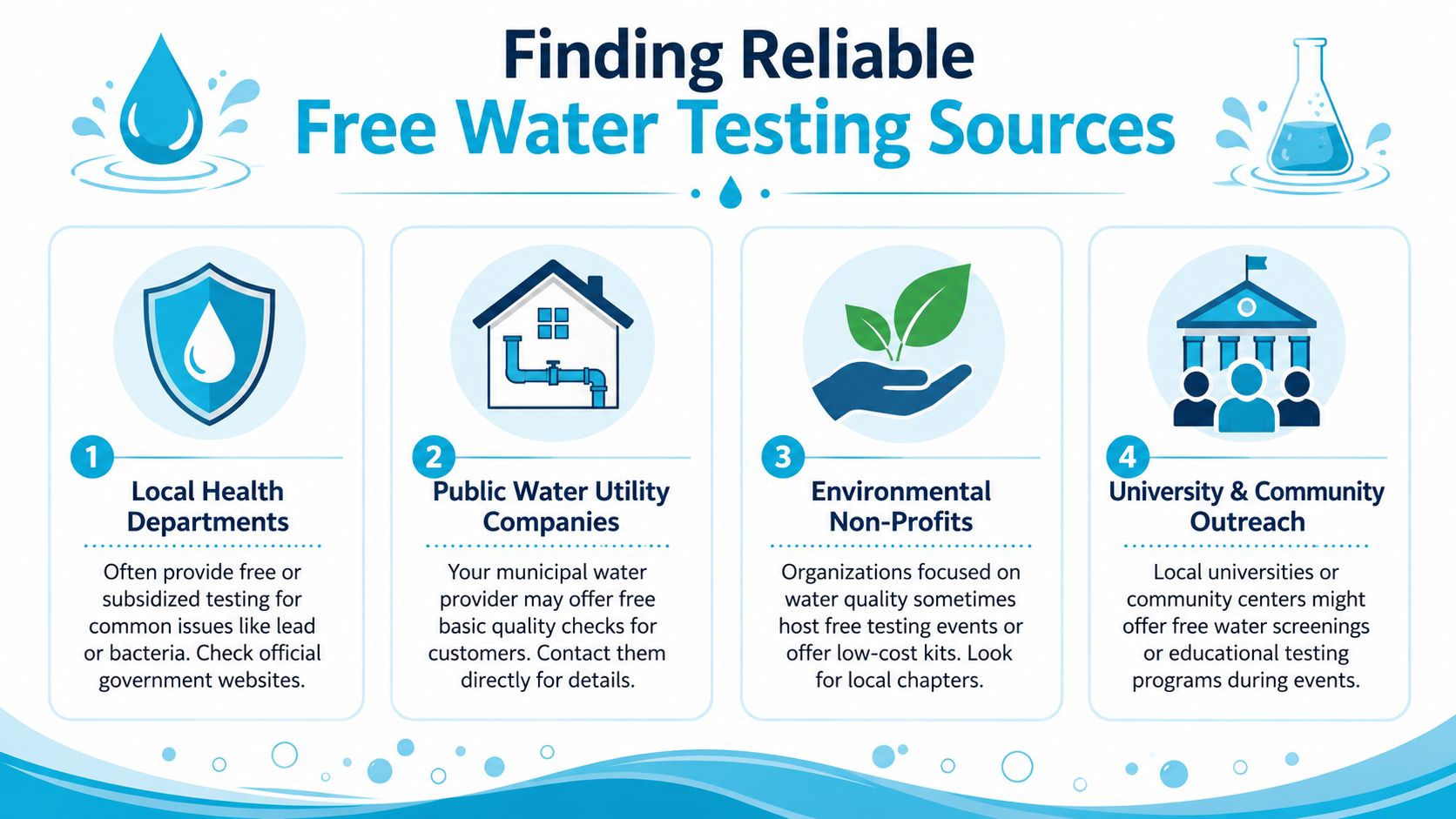 An infographic titled Finding Reliable Free Water Testing Sources, listing four ways to test your water safely.