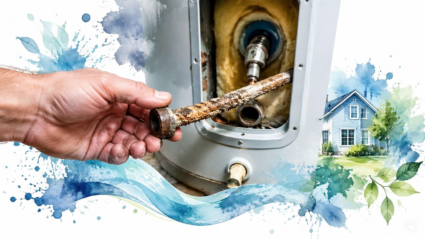 A hand holding a corroded water heater anode rod next to a residential home watercolor illustration.