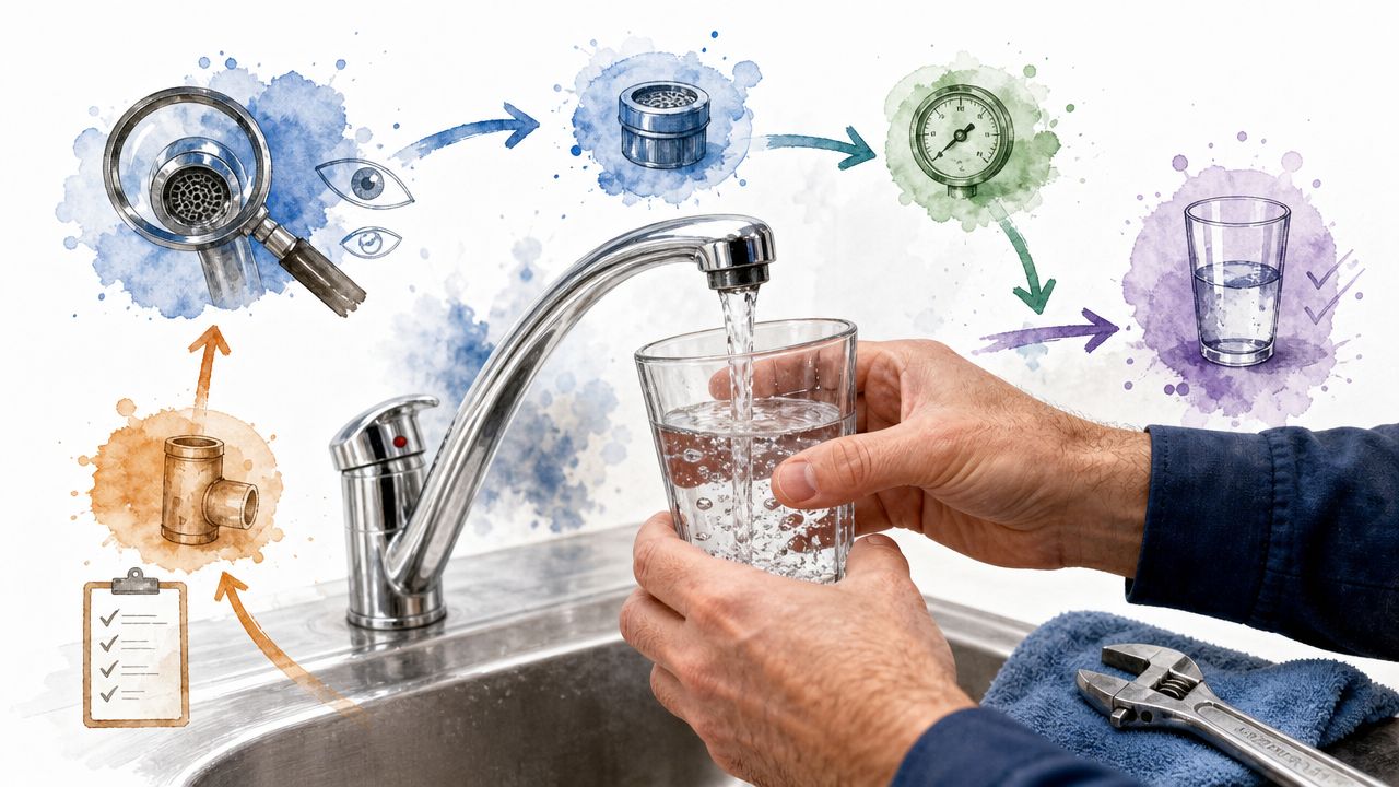A conceptual illustration of a professional inspecting a kitchen faucet water system for potential maintenance issues.