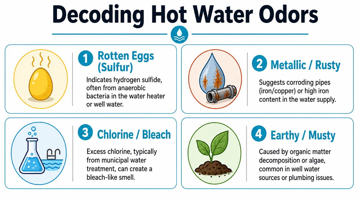 An infographic titled Decoding Hot Water Odors explaining four common smells found in hot water systems.