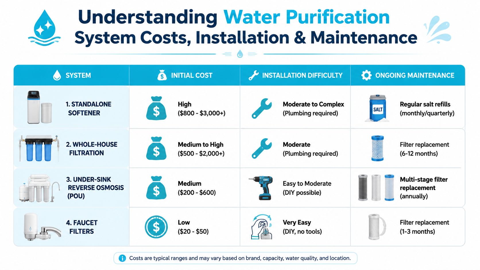 A comparison chart outlining the initial costs, installation difficulty, and maintenance requirements of various home water purification systems.