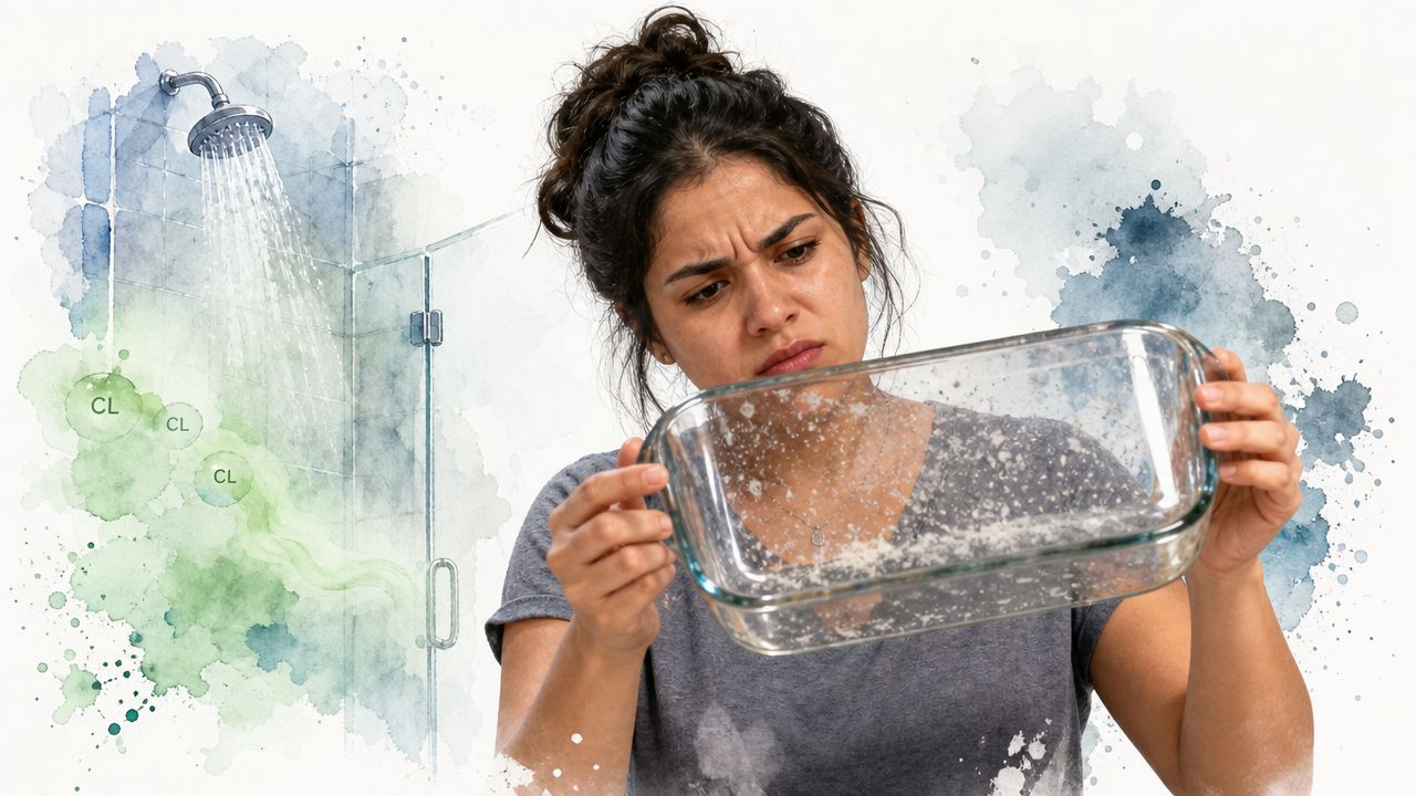 A concerned woman examining a cloudy glass dish with mineral deposits alongside a shower illustration.