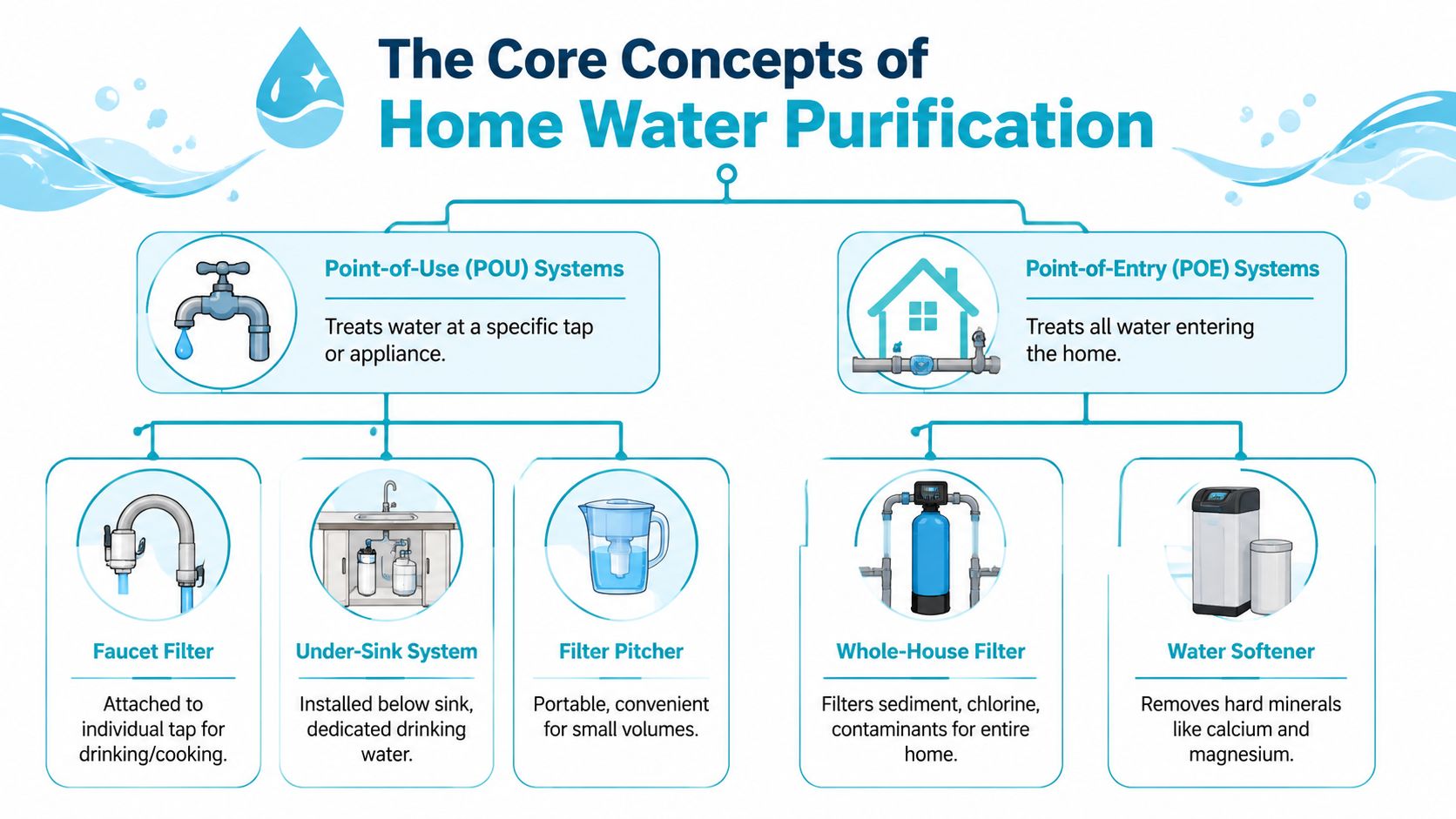 A diagram illustrating the core concepts of home water purification, categorized into point-of-use and point-of-entry systems.
