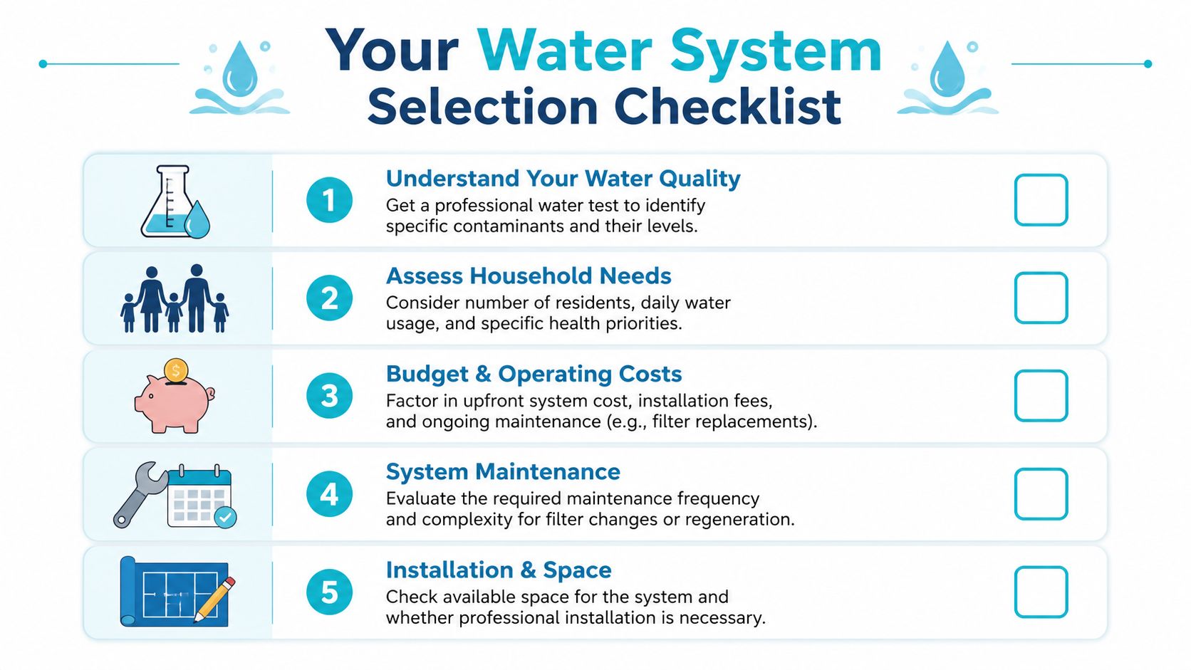 A checklist of five steps to follow when selecting the right water system for your home.