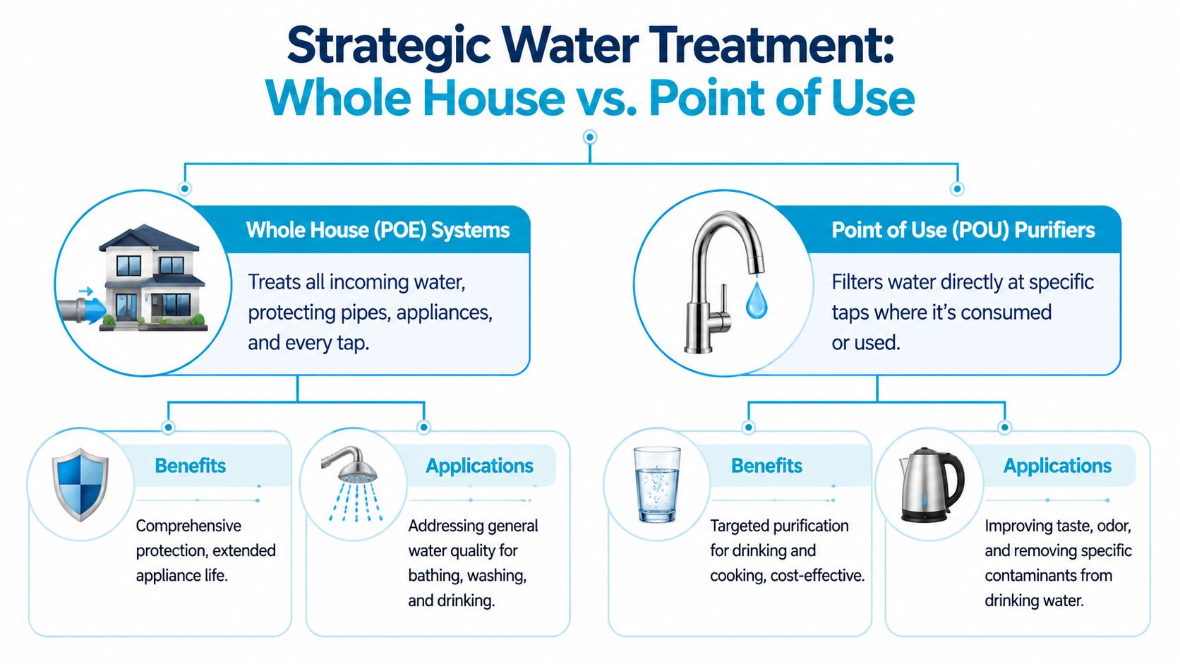 A comparative infographic showing the differences between whole house water systems and point of use purifiers.