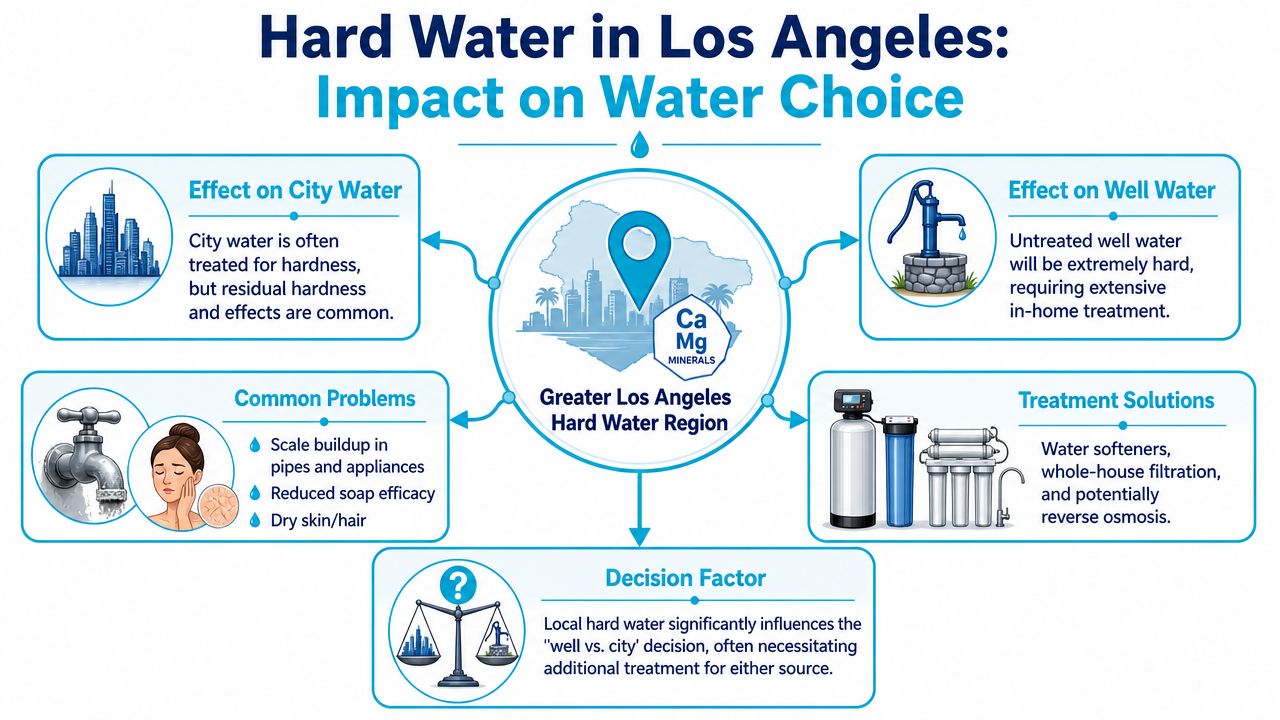 An infographic showing the impact of hard water in Los Angeles on both city and well water sources.