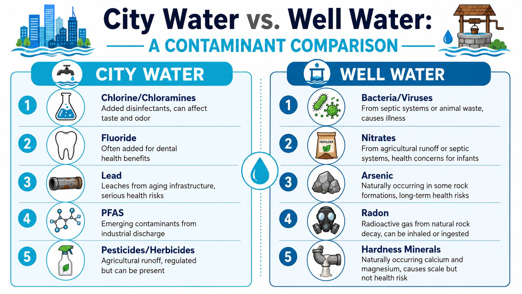 A comparison chart listing common contaminants found in city water versus well water supplies.