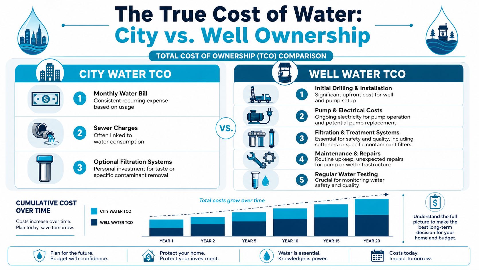 An infographic comparing the total cost of ownership between city water and private well water systems.