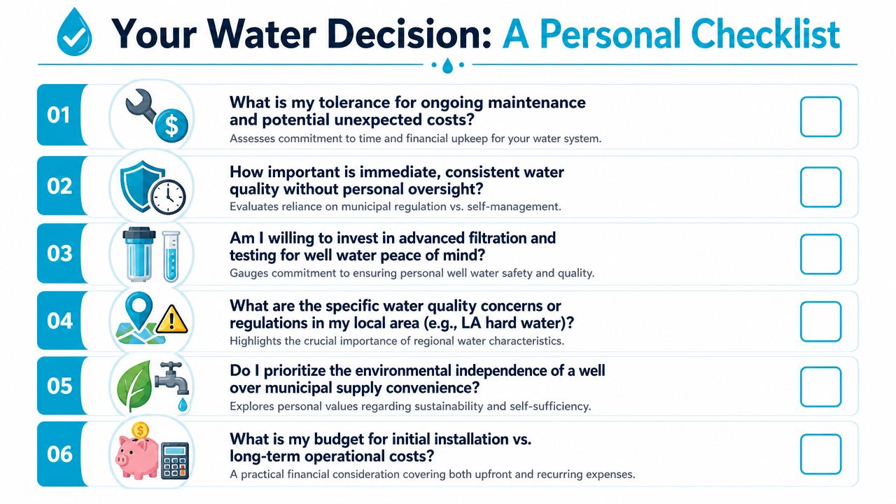 A checklist infographic titled Your Water Decision, outlining six factors to consider between well and city water.
