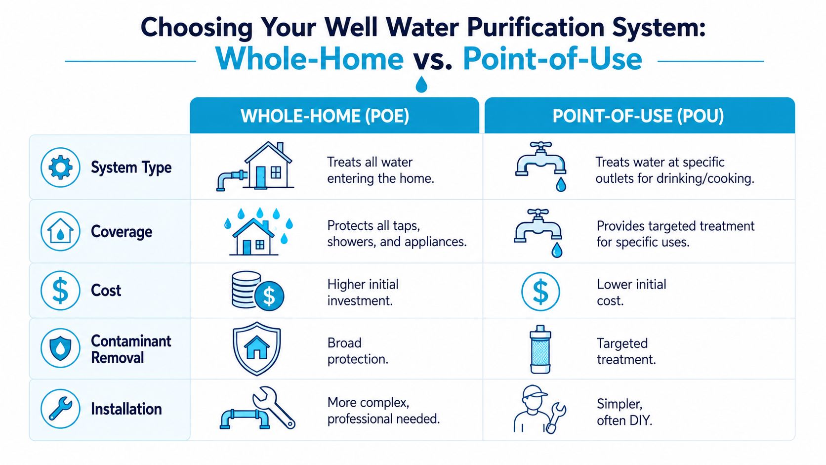 A comparison chart outlining the differences between whole-home and point-of-use well water purification systems.