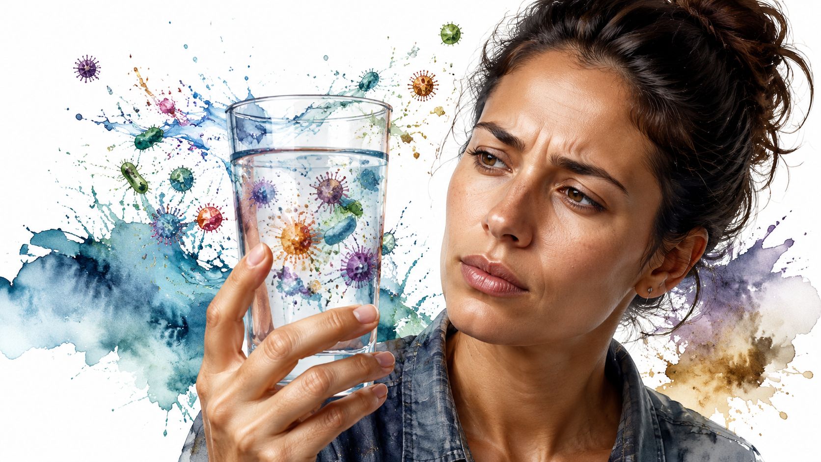 A concerned woman inspects a glass of water contaminated with floating colorful microorganisms and viral particles.