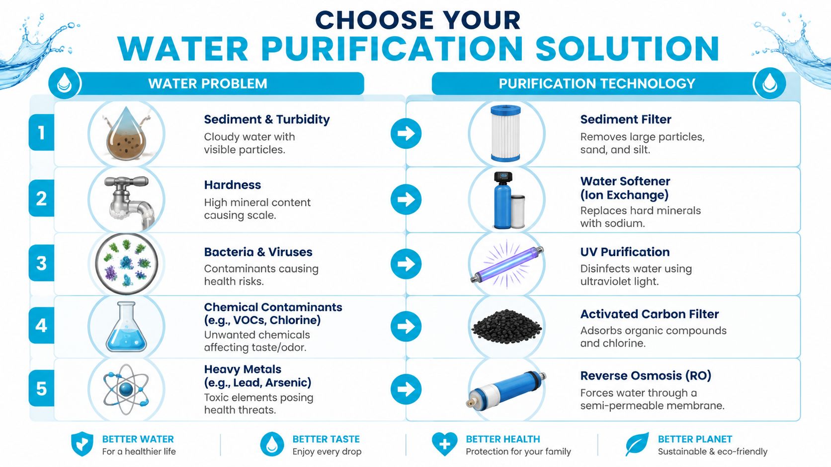 An infographic showing five water problems and their corresponding purification technologies like filters, softeners, and reverse osmosis.