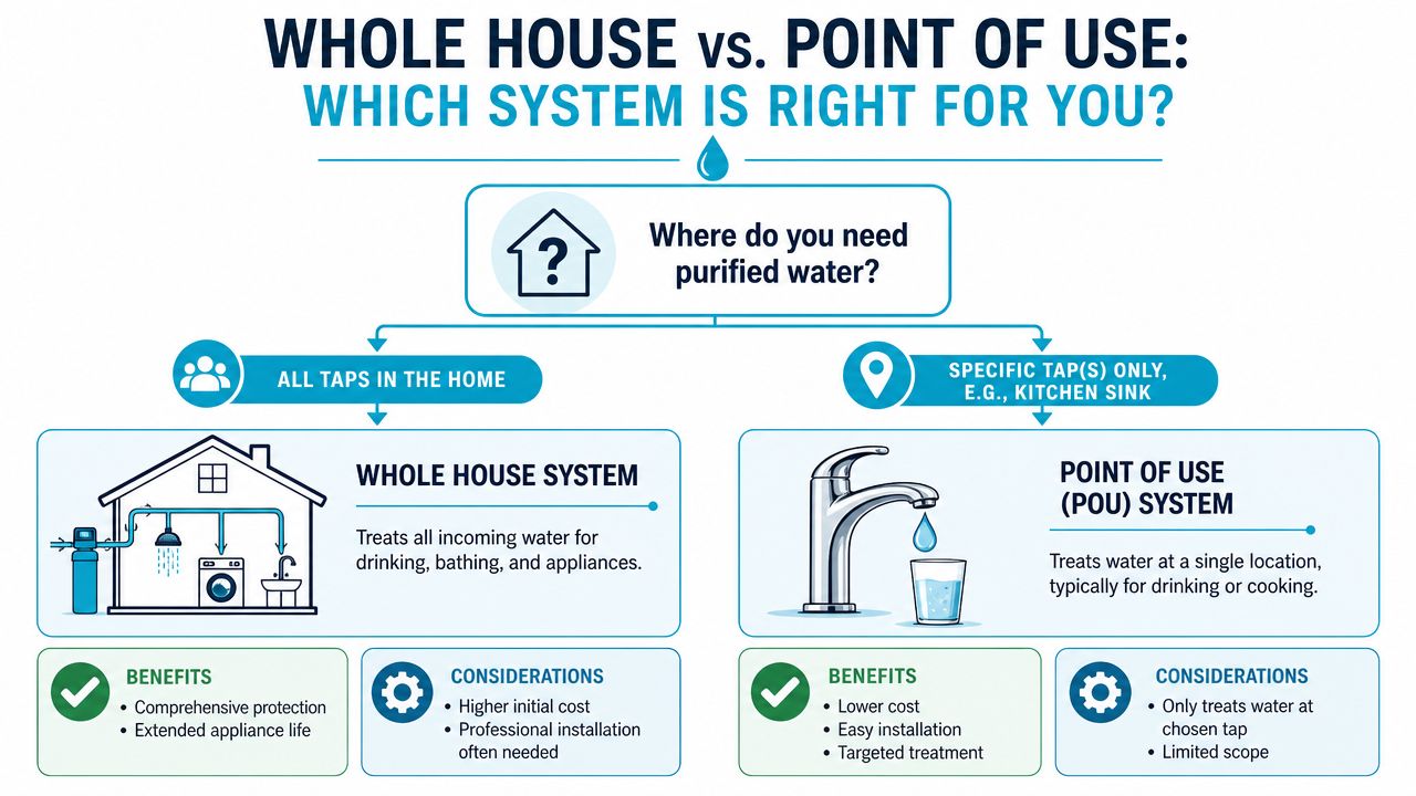 An infographic comparing whole house versus point of use water purification systems with their respective benefits and considerations.