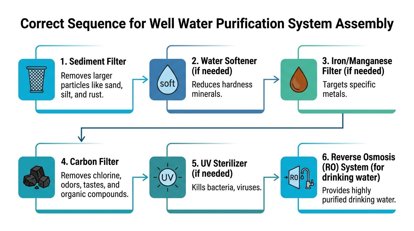 A diagram illustrating the recommended sequential assembly steps for a household well water purification system.
