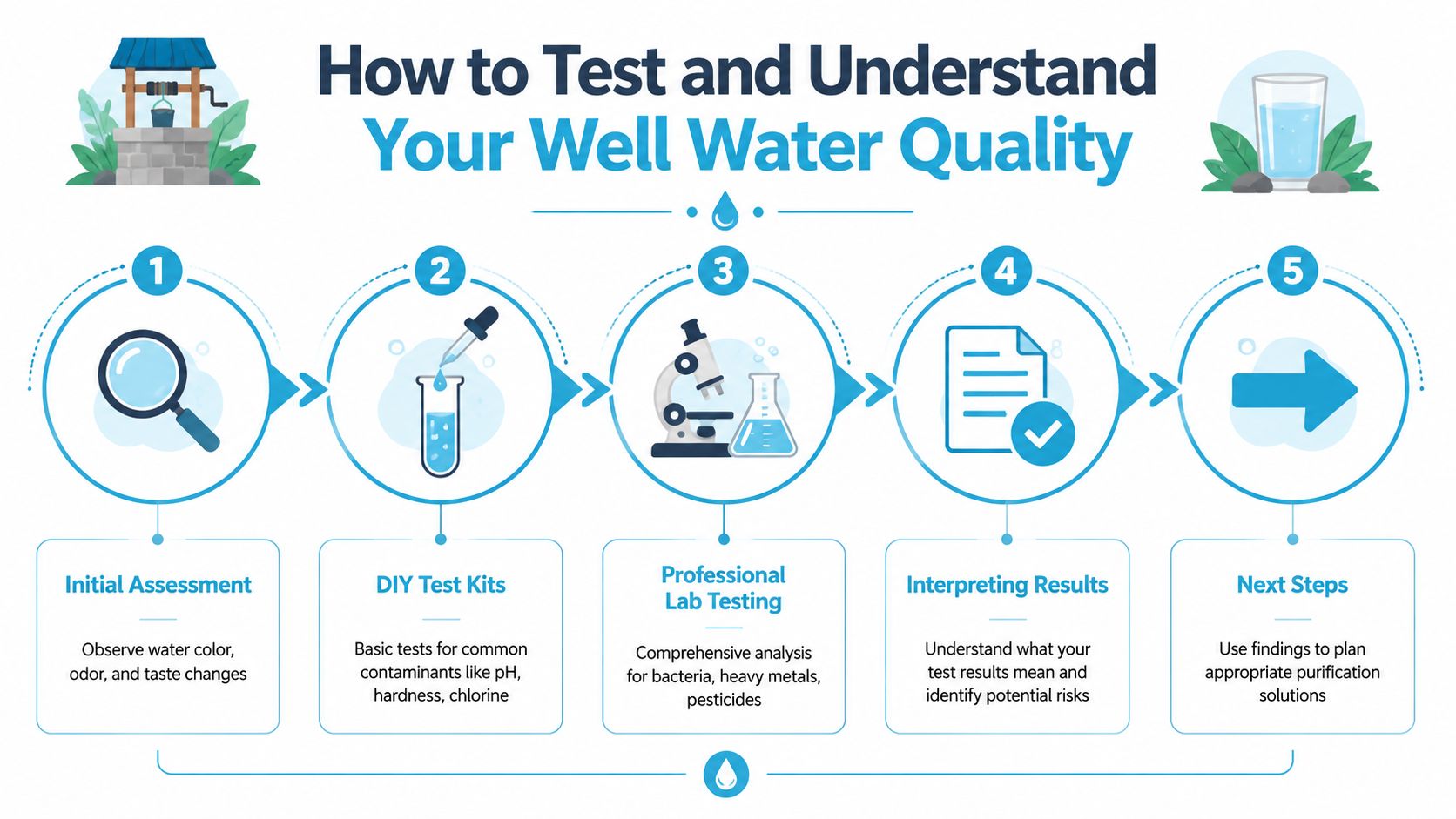 A five-step infographic showing how to test and understand the quality of well water.