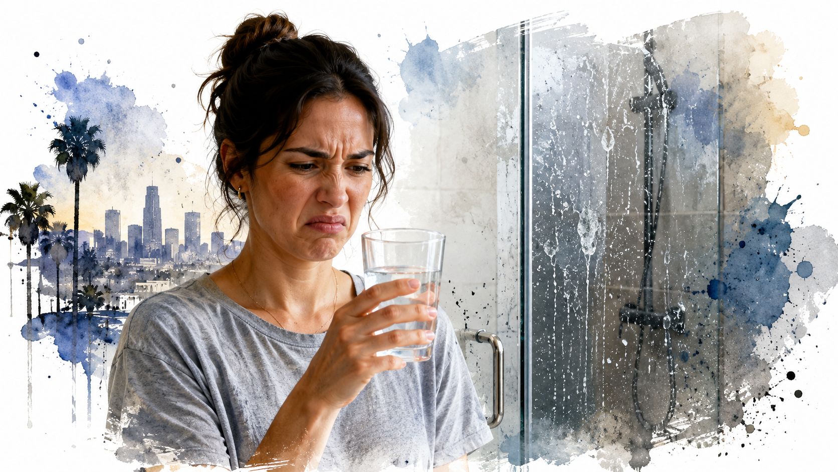 A woman making a disgusted face while holding a glass of tap water in her bathroom.