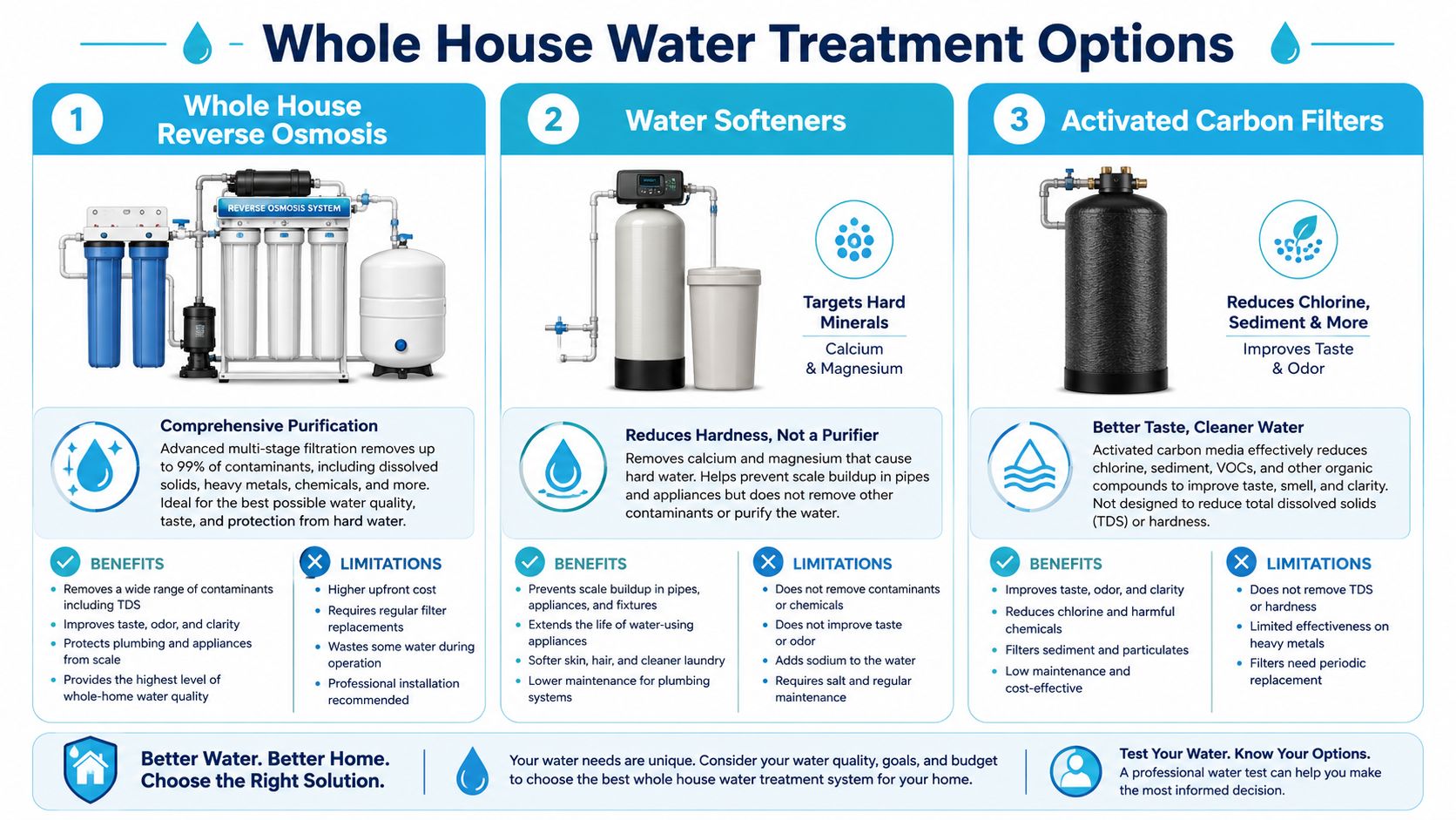 A comparison chart showing three common whole house water treatment systems: reverse osmosis, water softeners, and carbon filters.