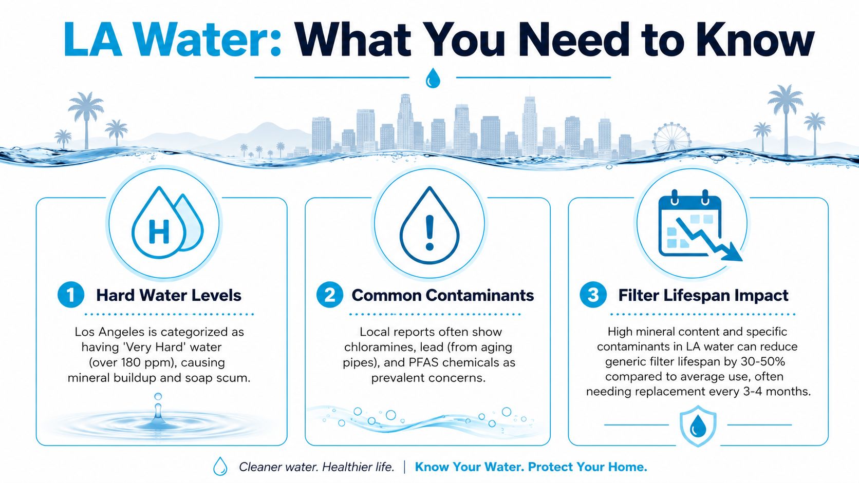 An infographic detailing water quality issues in Los Angeles including hard water, common contaminants, and filter lifespan.