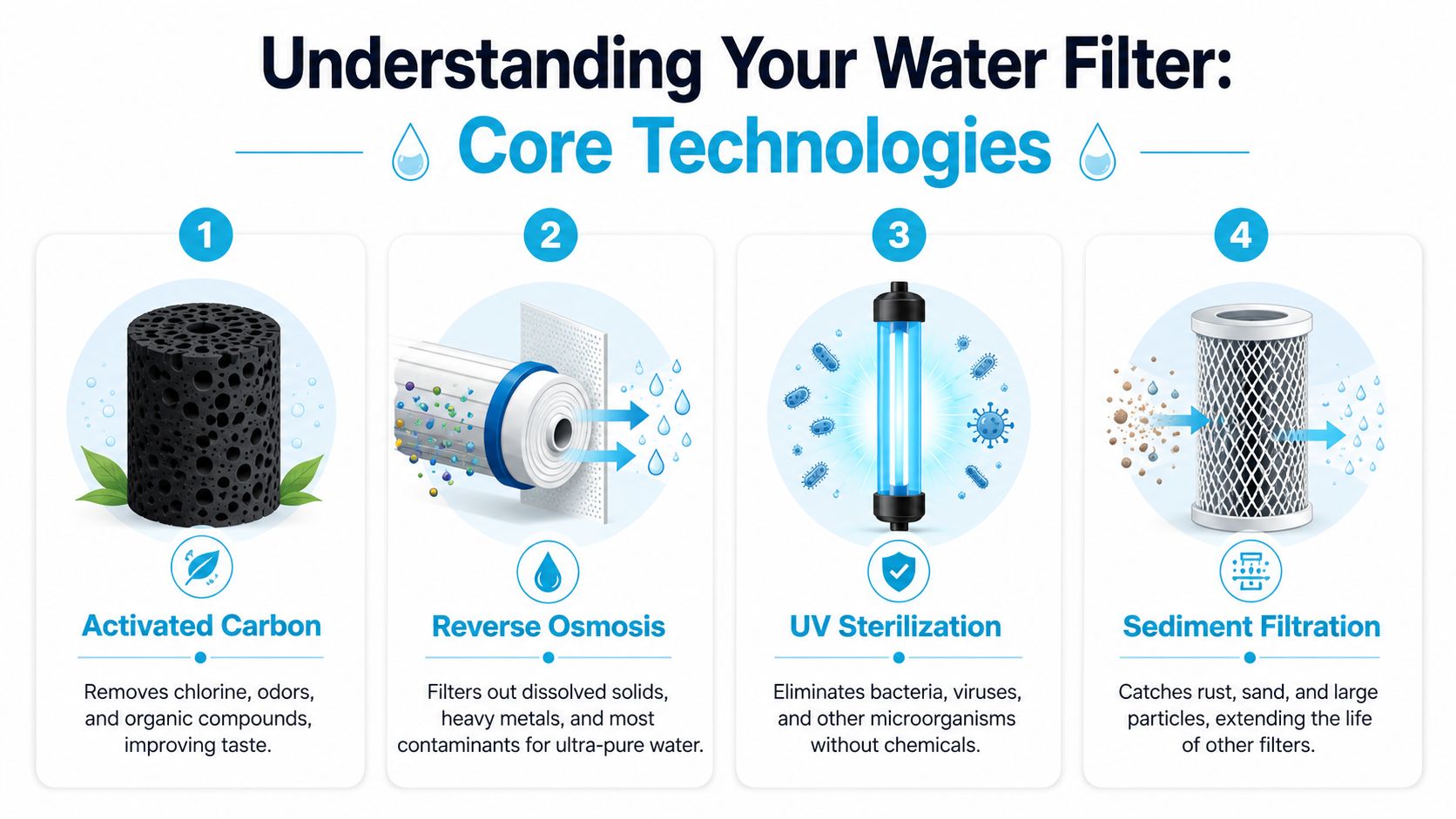 An infographic showing four core water filtration technologies including activated carbon, reverse osmosis, UV sterilization, and sediment filtration.