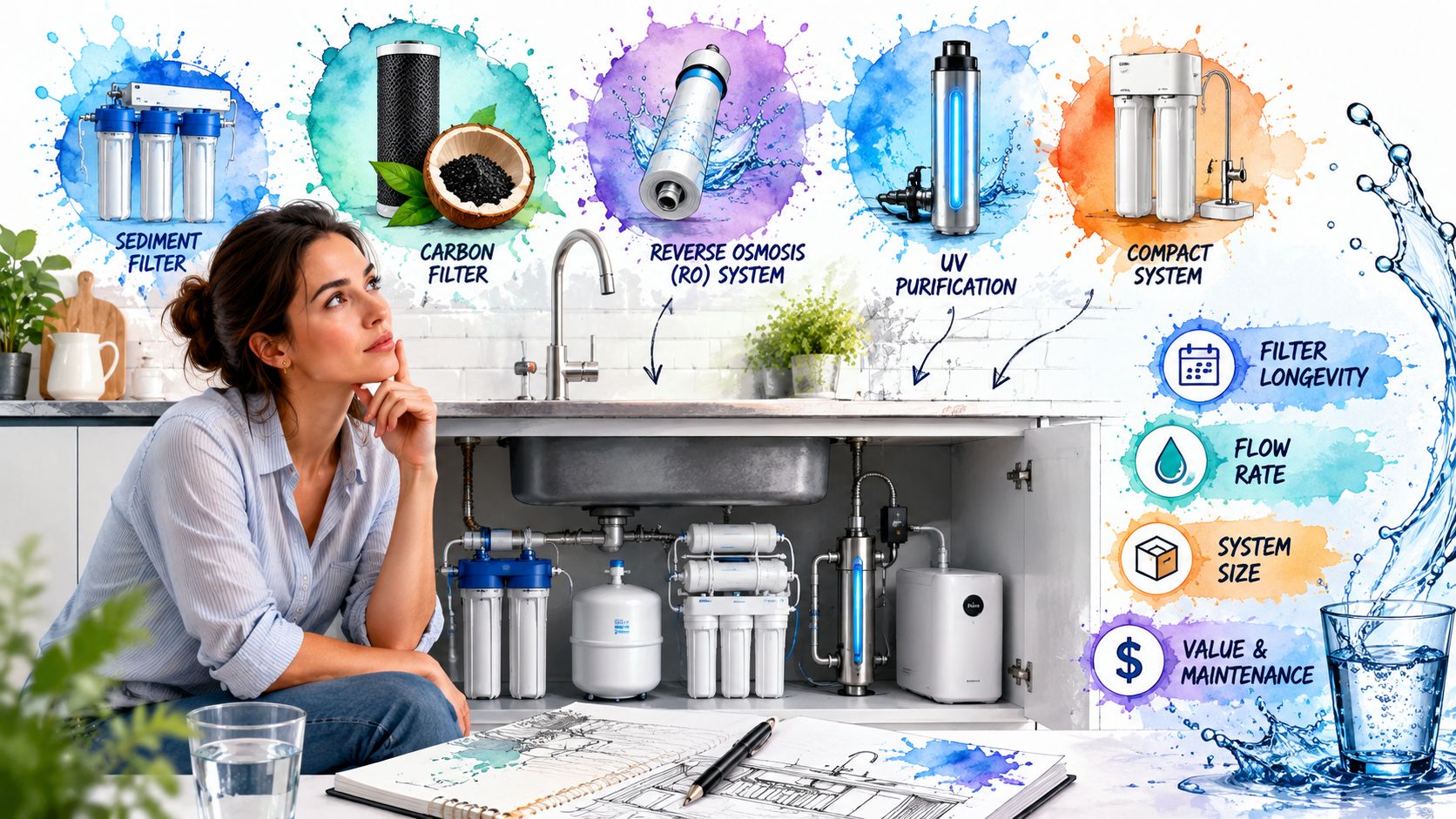A woman planning an under sink water purification system, surrounded by illustrations of various filtration technologies and features.