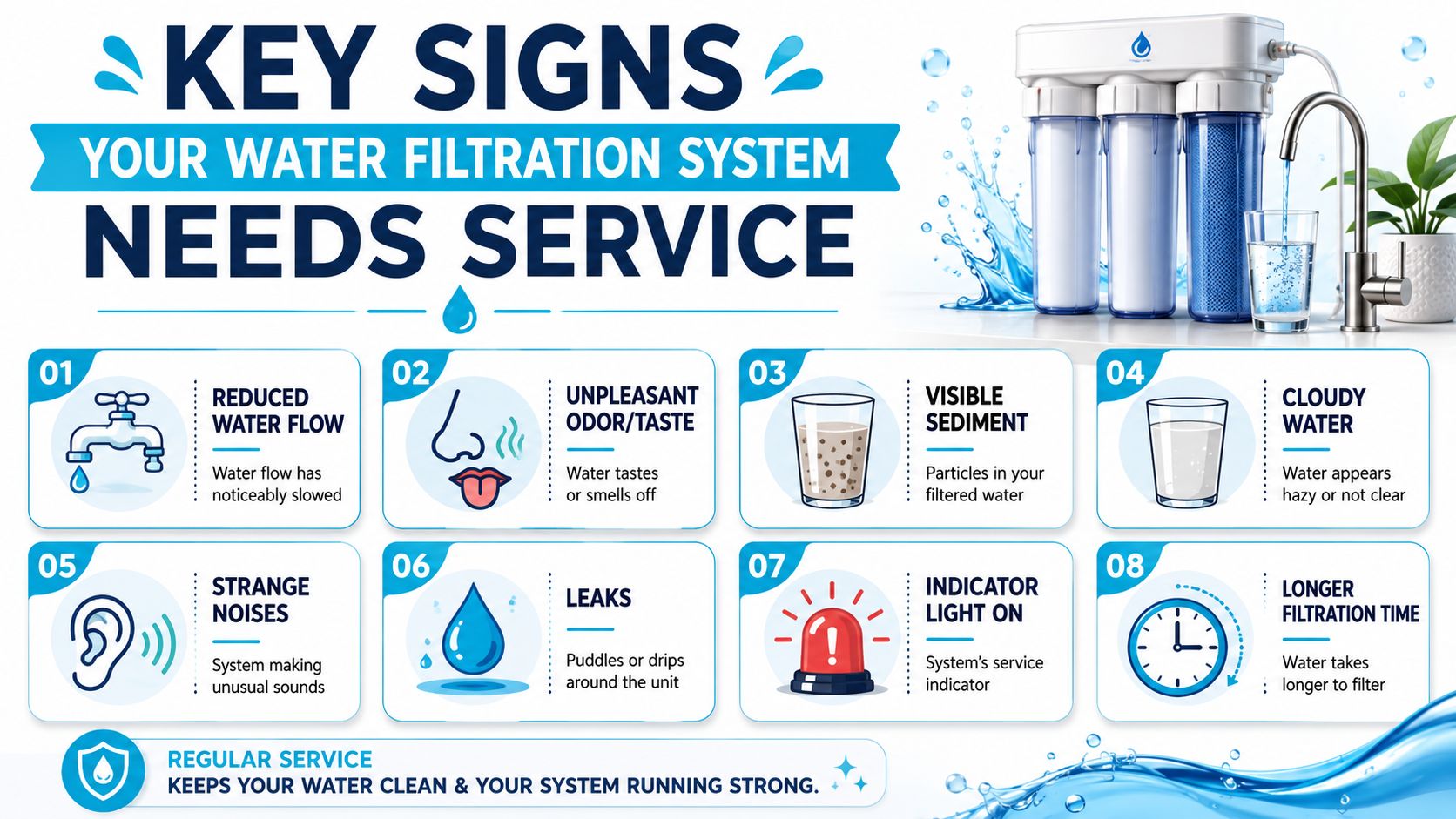 An infographic showing eight signs that your home water filtration system requires maintenance and servicing.