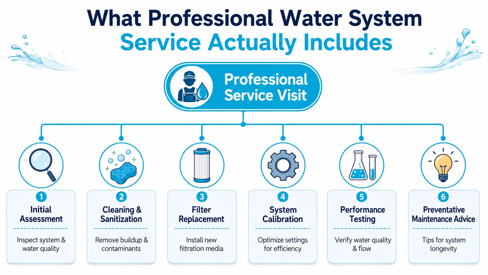An infographic detailing the six steps involved in a professional water filtration system service visit.