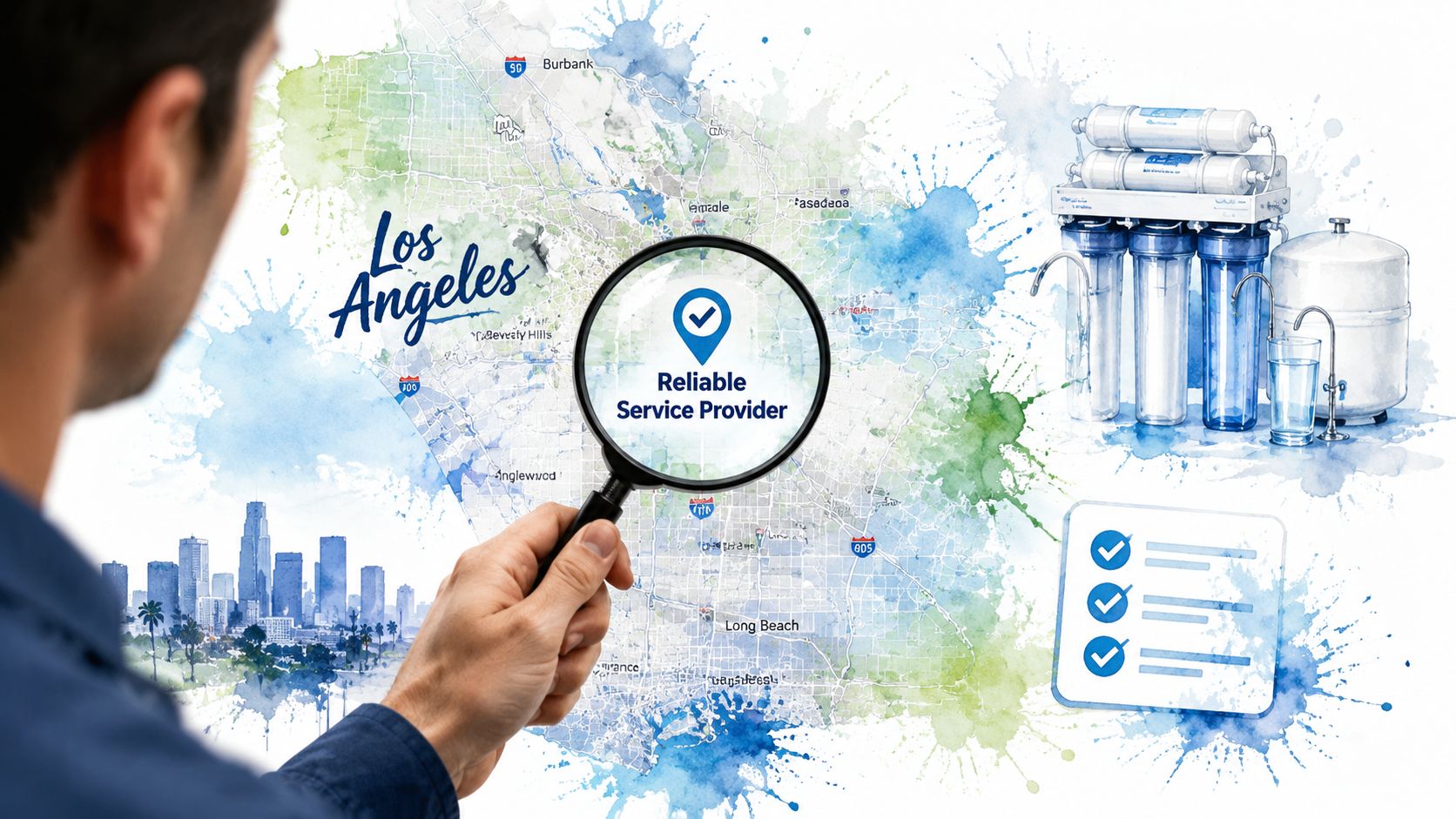 A person using a magnifying glass to find a reliable water filtration service provider in Los Angeles.