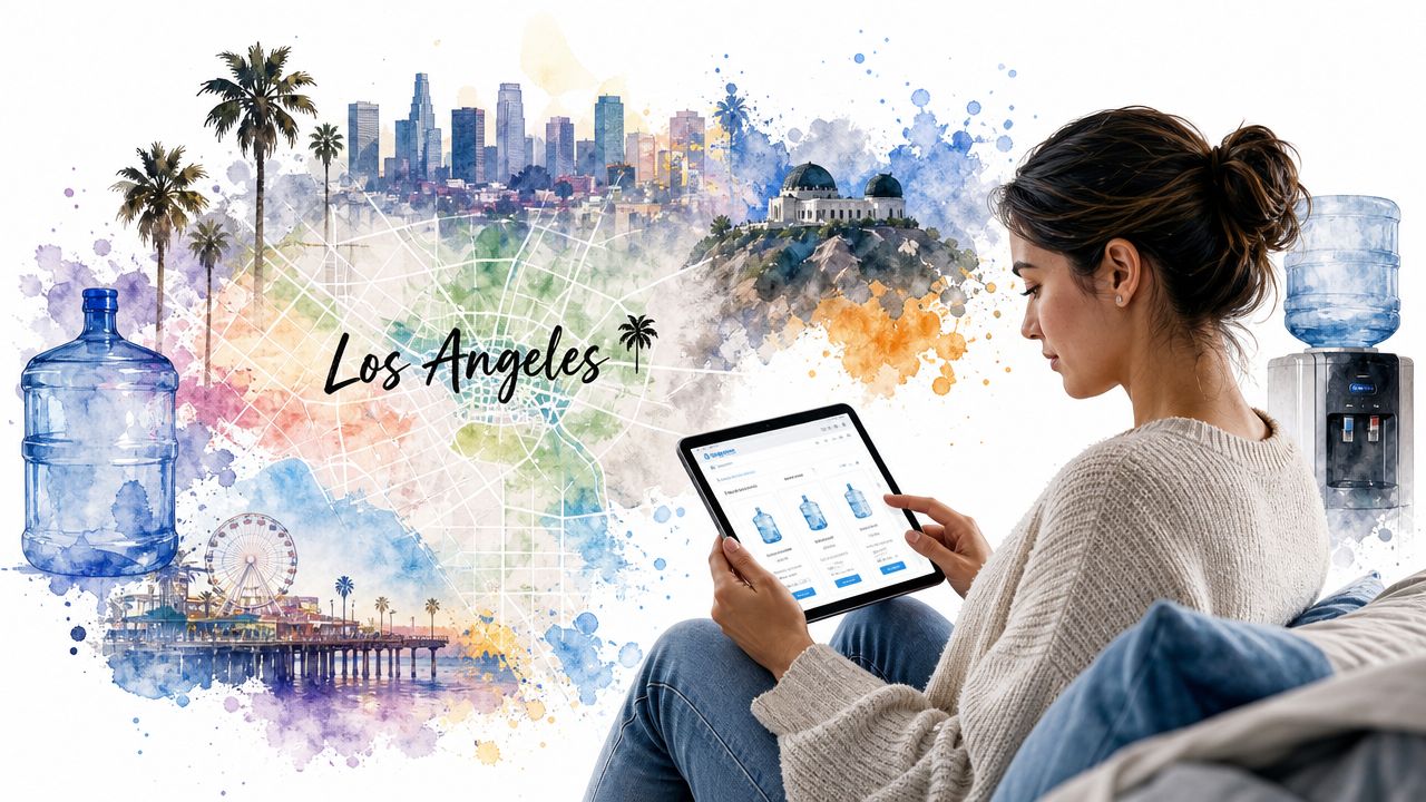 A woman using a tablet to order water delivery service in front of a Los Angeles mural