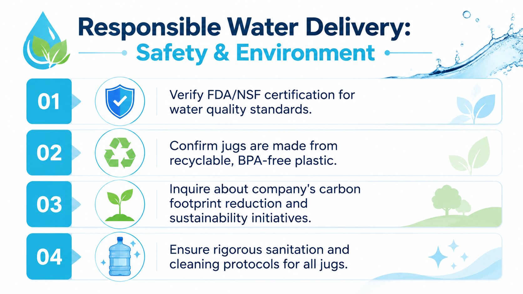 An infographic titled Responsible Water Delivery outlining four safety and environmental steps for water service providers.