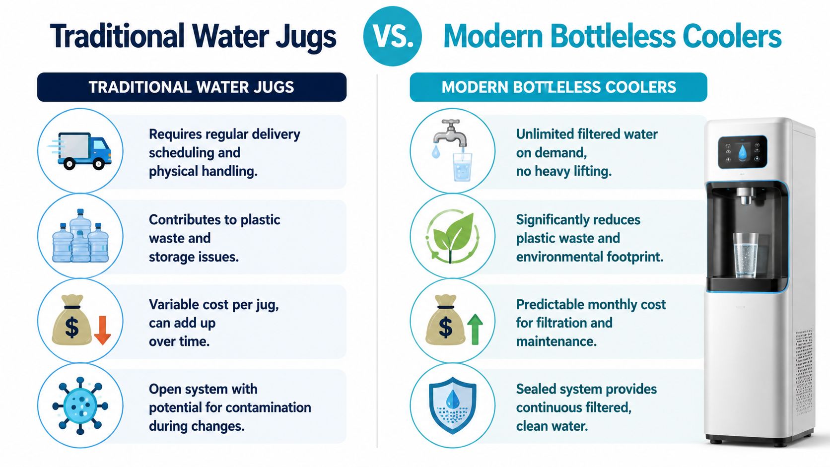 A comparison infographic between traditional water delivery jugs and modern bottleless water cooler systems.