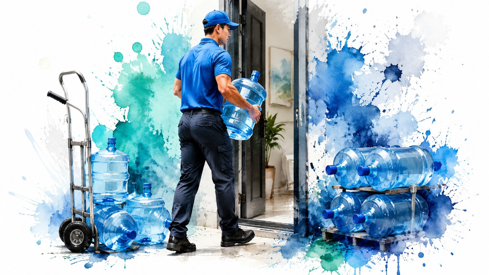 A delivery person in a blue uniform carrying a large water jug into a home.