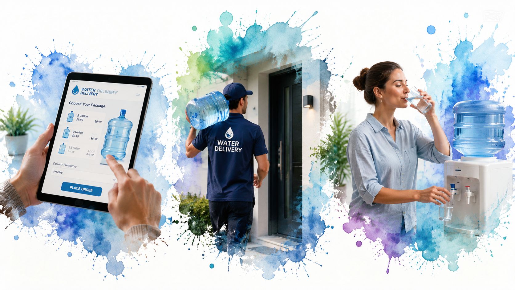 A digital graphic showcasing water jug delivery from mobile app ordering to home doorstep service and consumption.