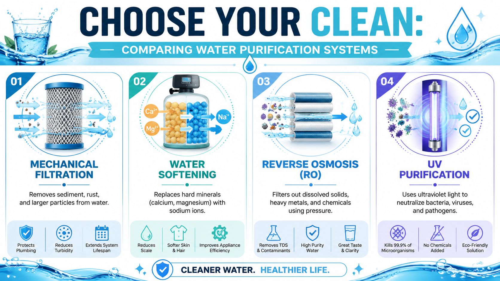 An infographic comparing four types of water purification systems including mechanical filtration, water softening, reverse osmosis, and UV.