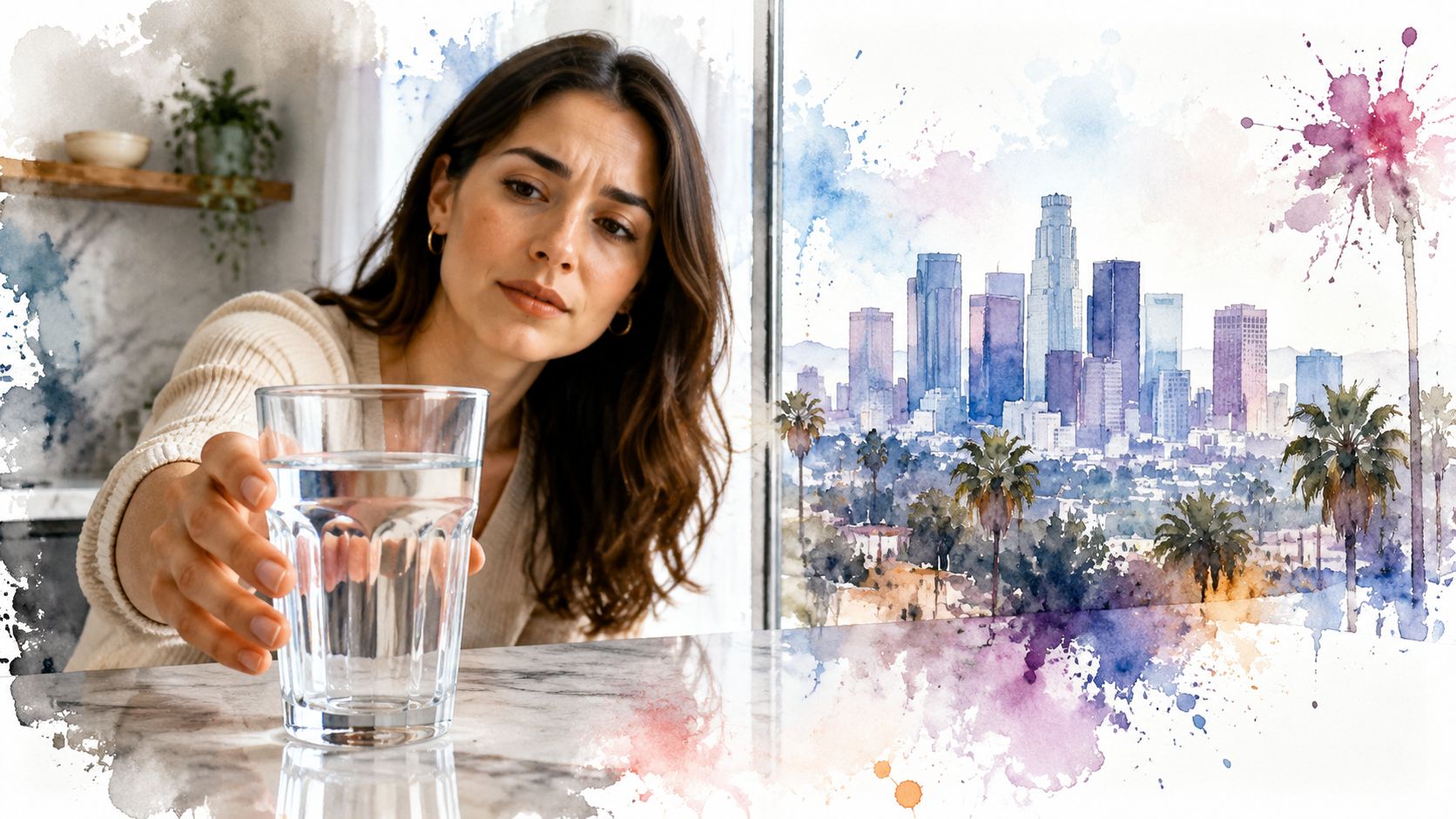 A woman looking thoughtfully at a glass of clear water with a watercolor city skyline background.