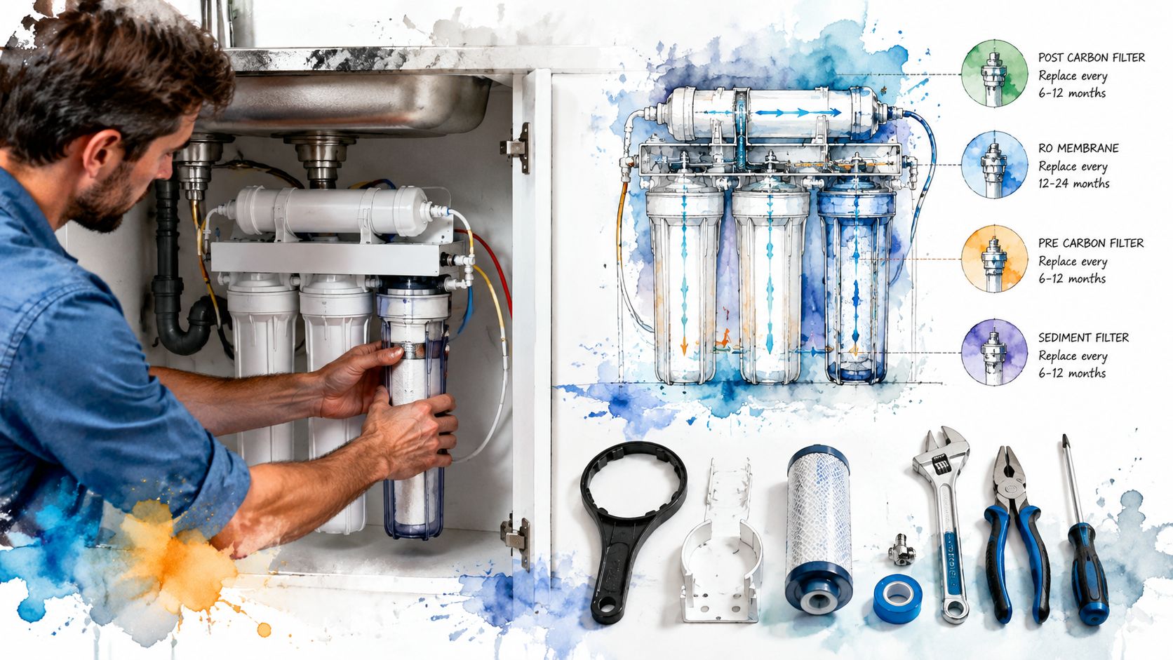 A technician maintains a residential under-sink water purification system with labeled filter replacement intervals and necessary tools.