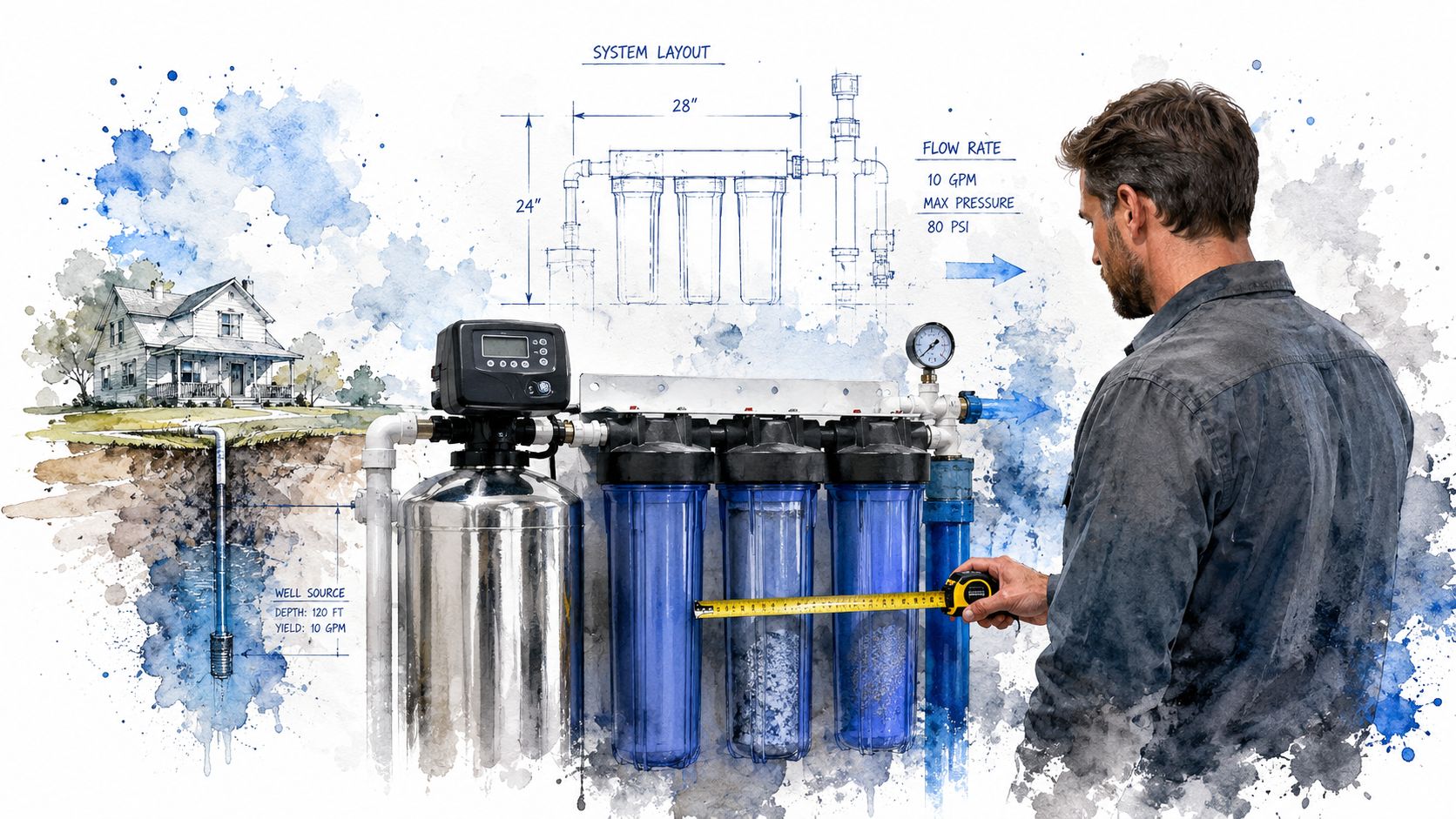 A technician measuring a water purification system for a well with blueprints and technical specifications displayed.