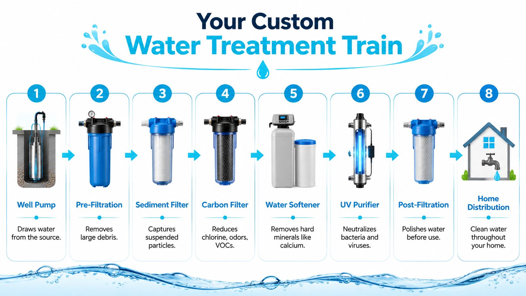 A diagram illustrating an eight-step residential water purification system for wells, from source to home distribution.