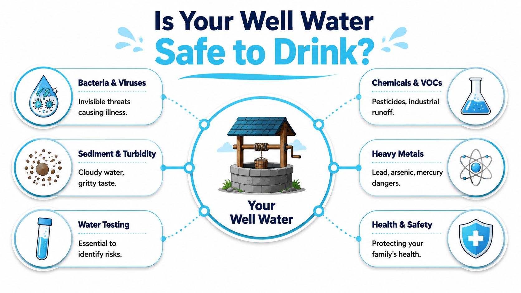 An infographic titled Is Your Well Water Safe to Drink showing various contaminants and testing.