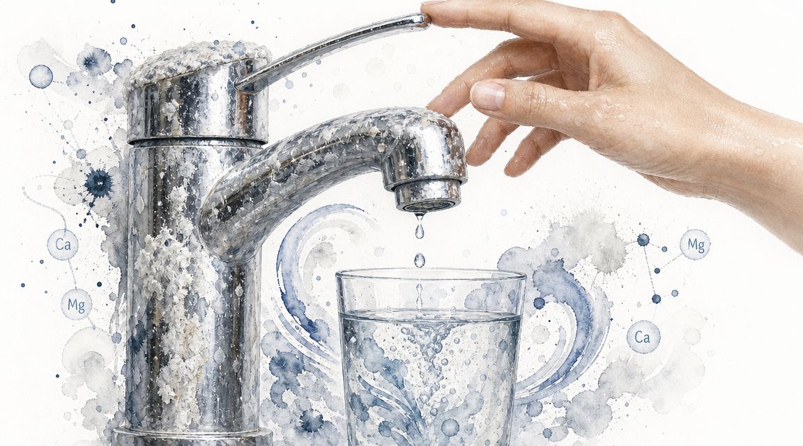 A chrome faucet with limescale buildup next to a glass of water being touched by a hand.