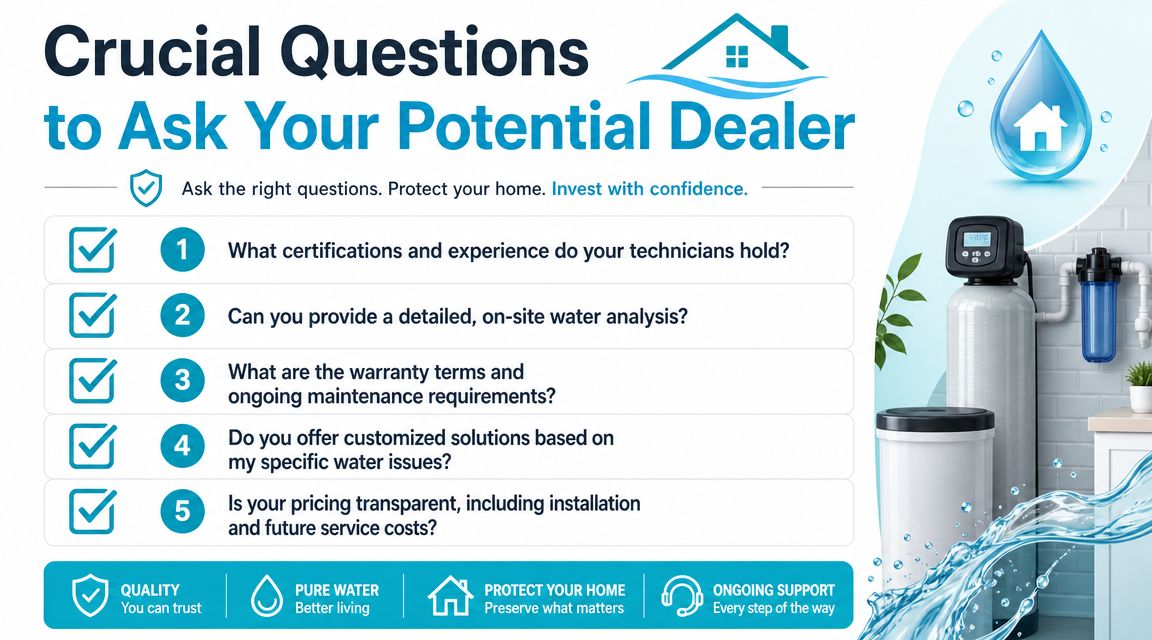 A helpful infographic listing five crucial questions to ask when hiring a professional water softener dealer.