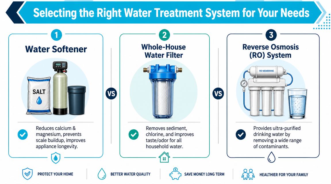 An infographic comparing water softener, whole-house water filter, and reverse osmosis systems for home water treatment.