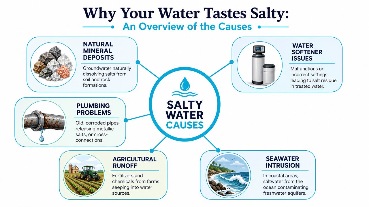 An infographic detailing the five primary reasons why household tap water may taste salty or metallic.