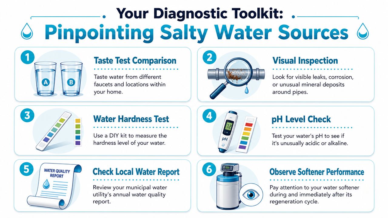 A six-step infographic on how to identify the source of salty-tasting water in your home plumbing.