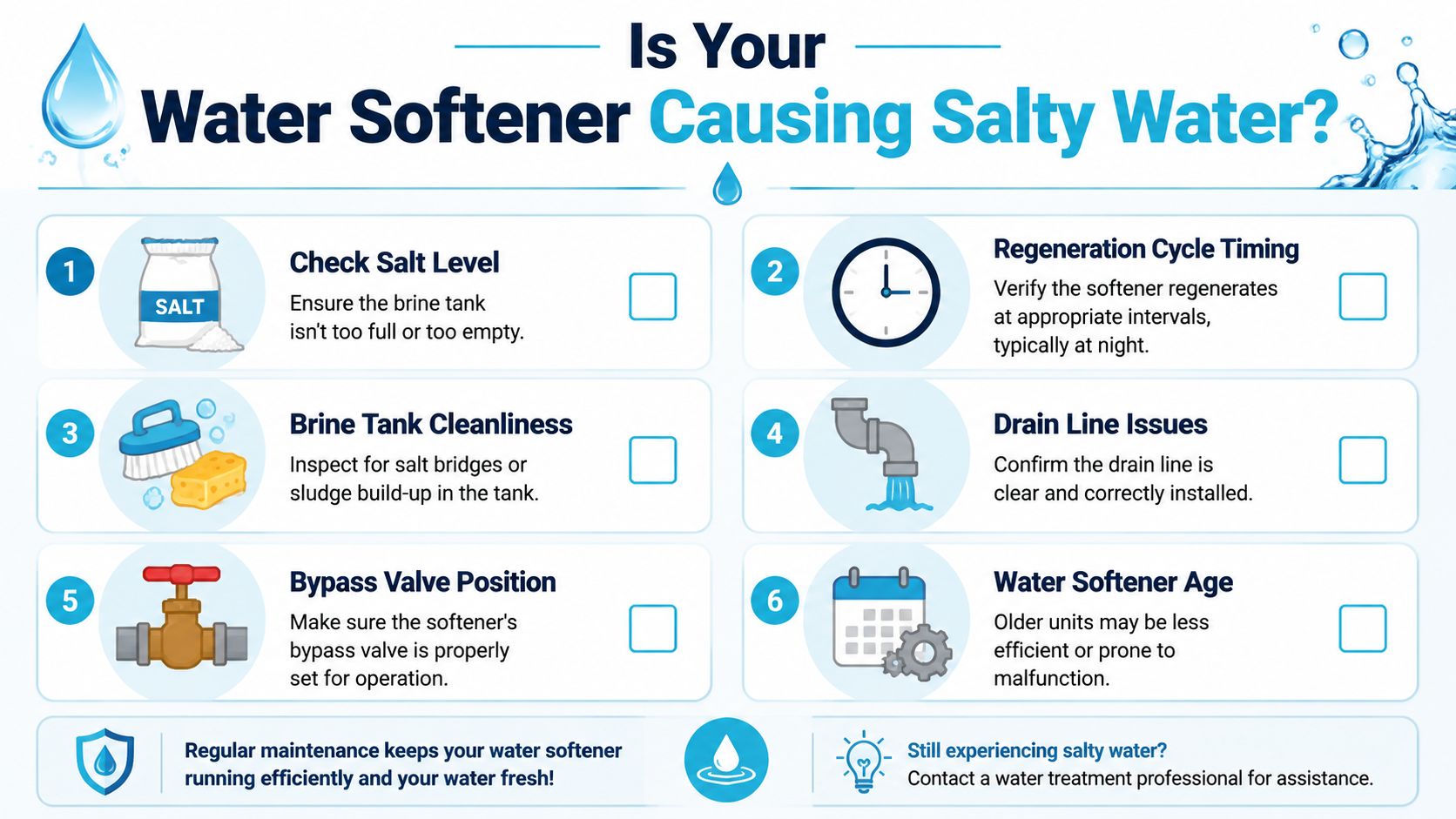 A maintenance checklist for troubleshooting a water softener system that may be causing salty tasting water.