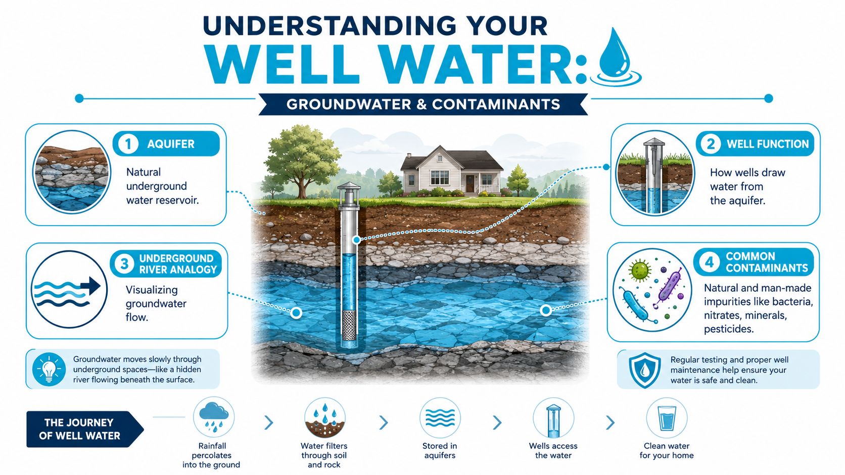 An infographic illustrating how well water systems function, including aquifers, groundwater flow, and potential water contaminants.